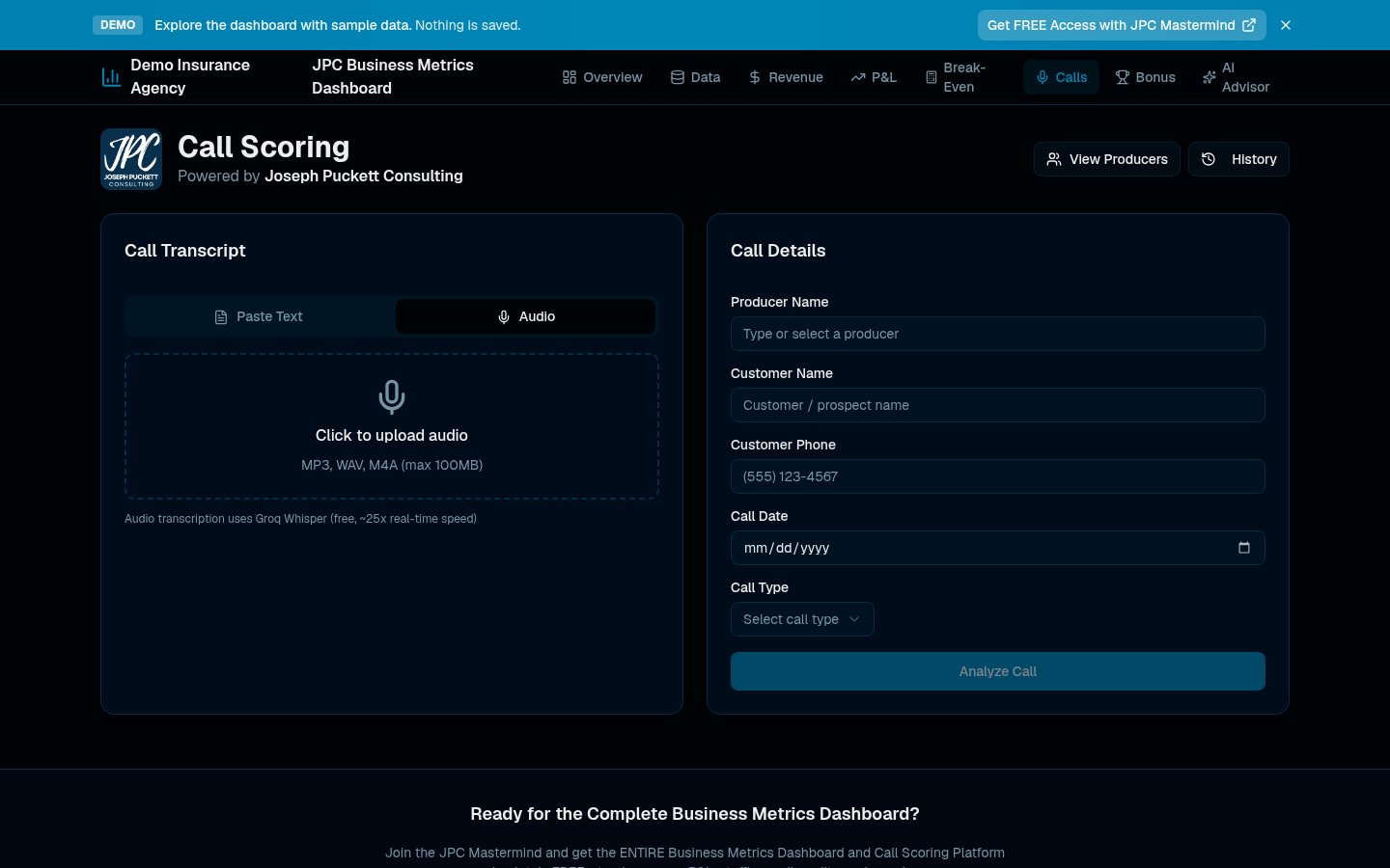 AI call scoring page with transcript upload and call detail form